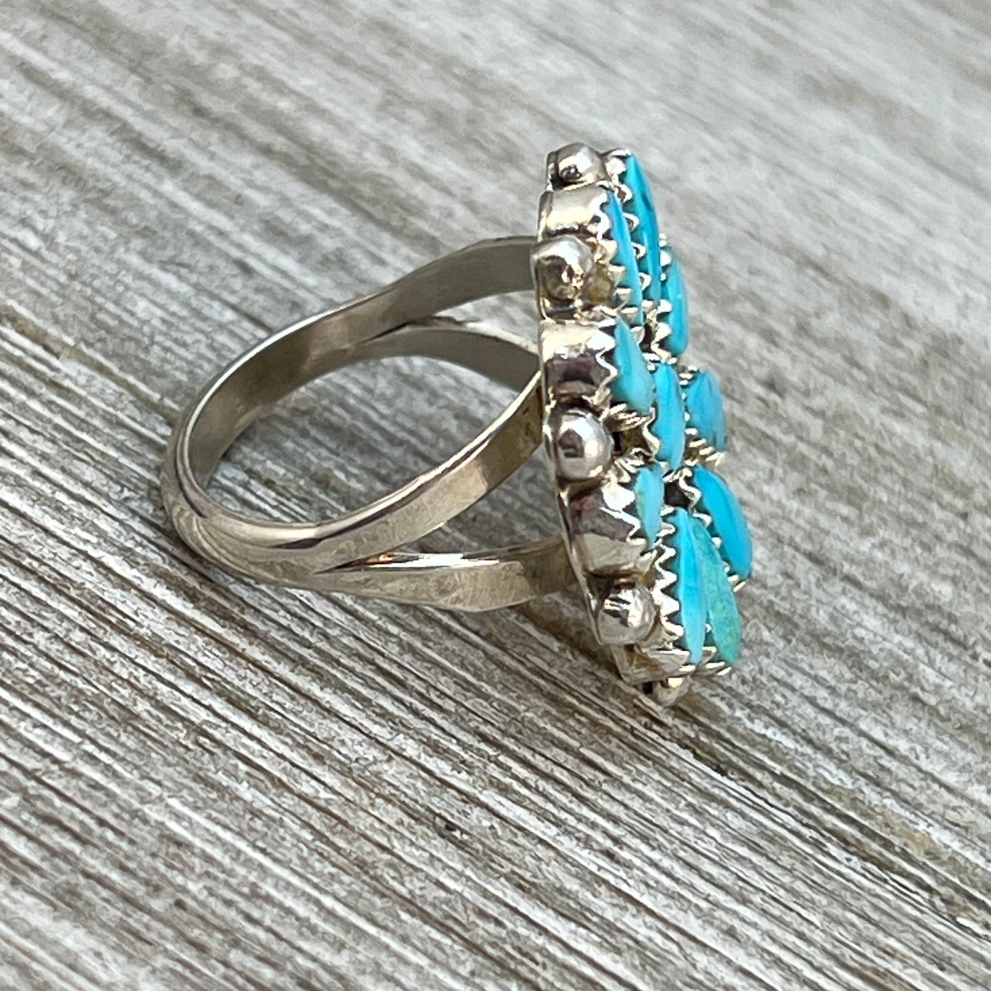 Size 7.25 Blue Turquoise Round Cluster Ring Navajo handmade Sterling Silver Alicia Wilson