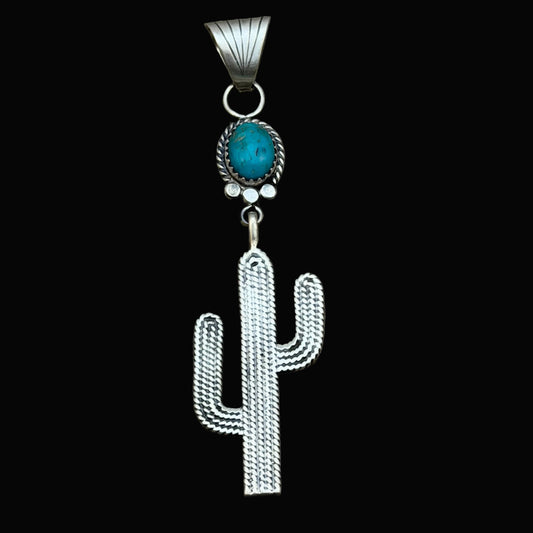 Blue Campitos Turquoise Cactus Pendant Sharon McCarthy Navajo Sterling Silver PD7