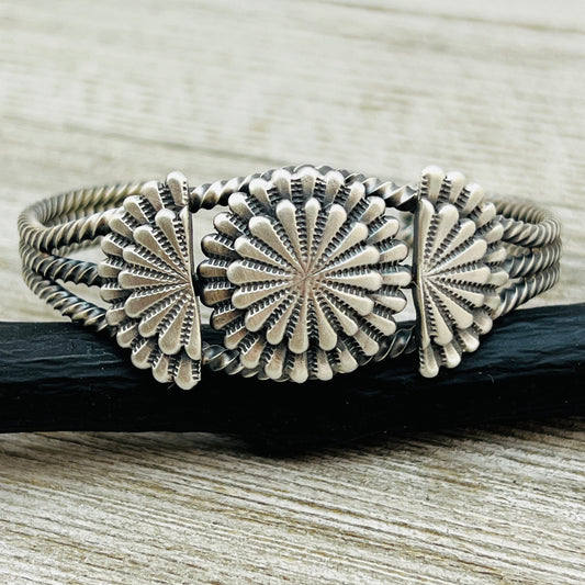 6" Sterling Silver Concho cuff bracelet with twisted wire rope trim Navajo BR40