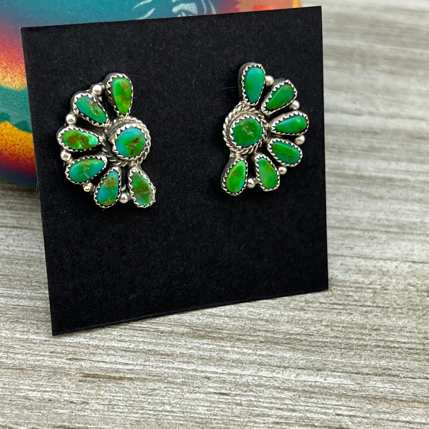 Bright Green Sonoran Gold turquoise Half Cluster earrings Justina Wilson Navajo 880
