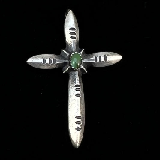 Narrow Turquoise Cross Pendant Sterling Silver Navajo handmade Martha Cayatineto