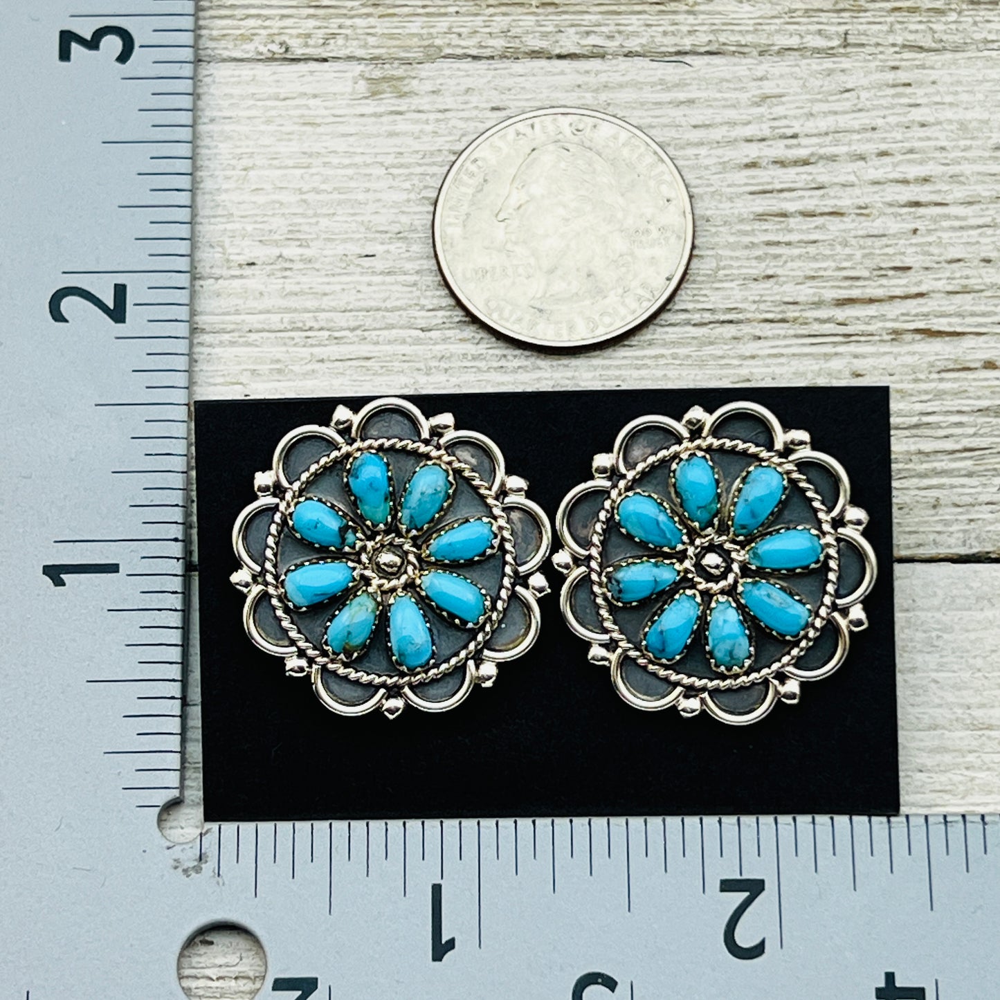 Turquoise Petit Point Round Cluster Earrings Gerald Mitchell signed Sterling silver ER1