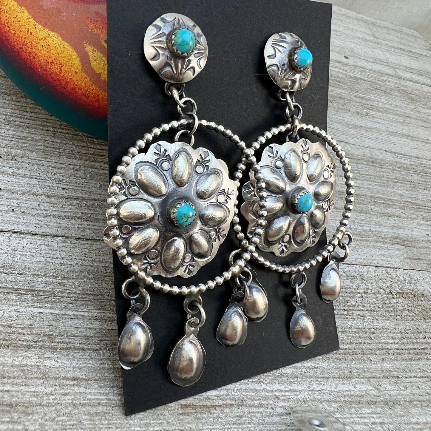 Long Dangle Concho earrings #2, sterling silver turquoise Gabrielle Yazzie signed