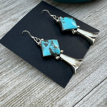Turquoise dangle squash blossom earrings, sterling silver, Kingman Turquoise, Navajo handmade by Suzanne Johnson