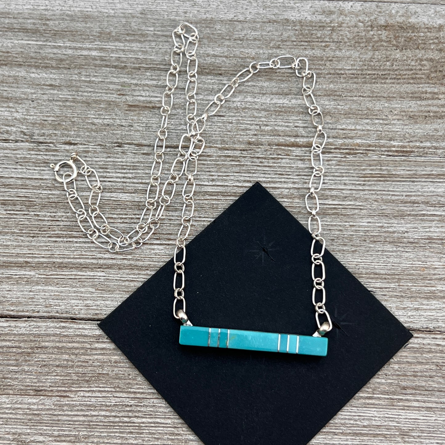 Blue Kingman Turquoise Bar Necklace 7, Zuni MaDerral Kallestewa sterling silver 18 1/2"