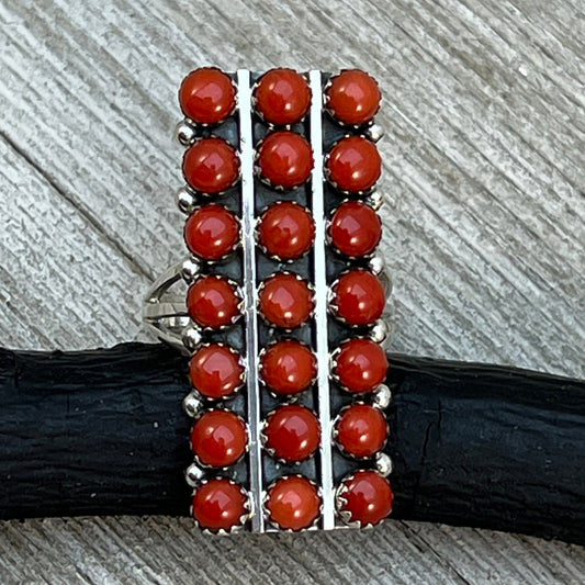Size 7 Long Mediterranean Coral Zuni Snake Eye Dot Row Ring Kenny Lonjose Sterling Silver