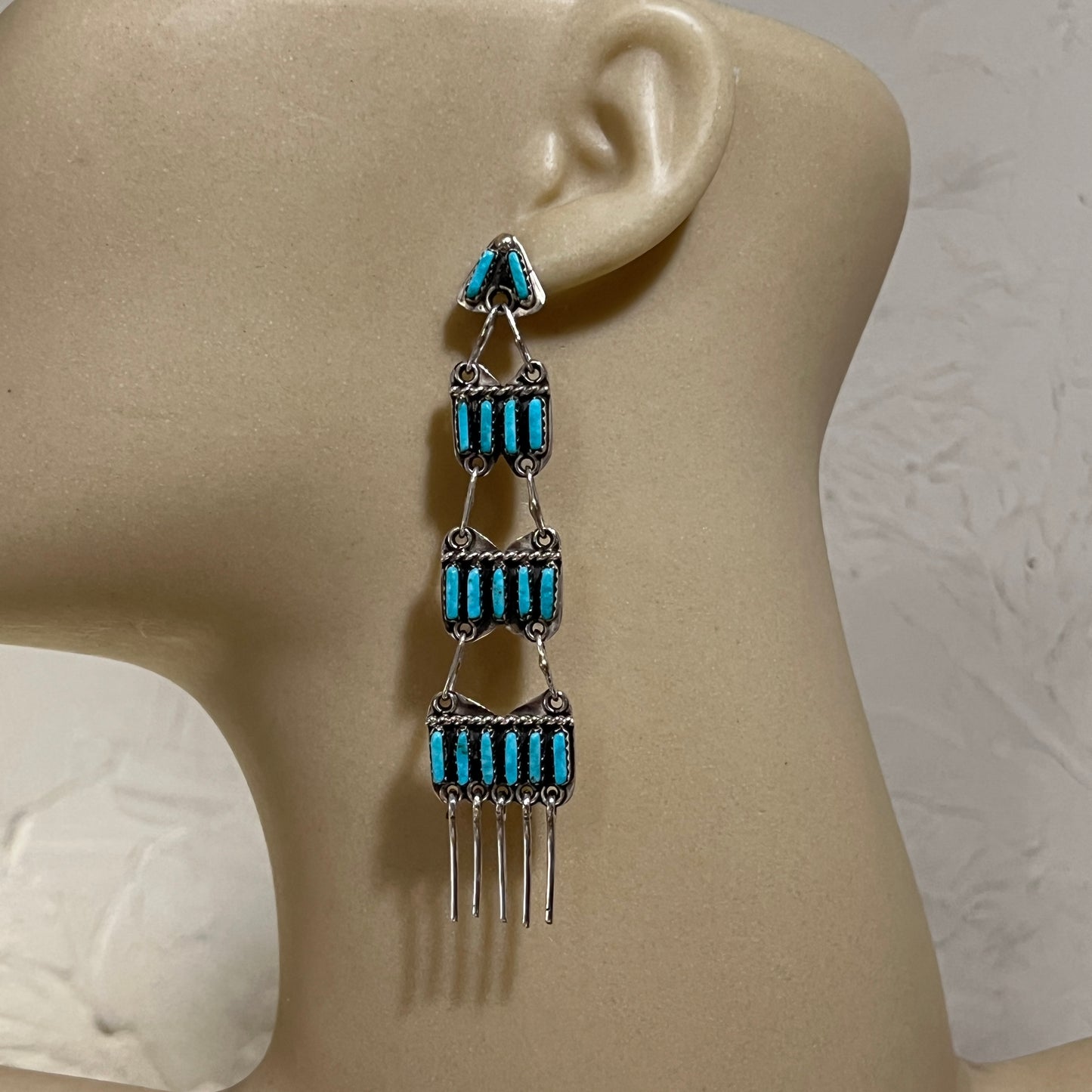 Navajo Needlepoint Turquoise Chandelier long Earrings Sterling Silver Geraldine Faber Signed