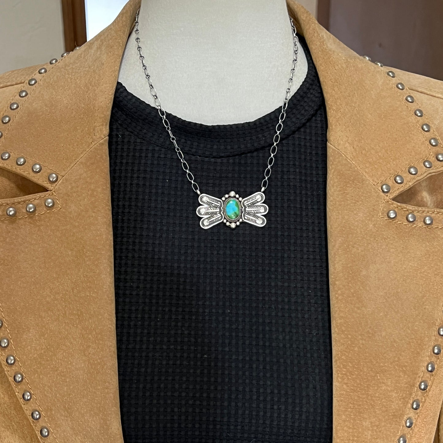 17 1/2"Sonoran Turquoise Necklace Feather sterling silver Navajo Verley Betone boho 4