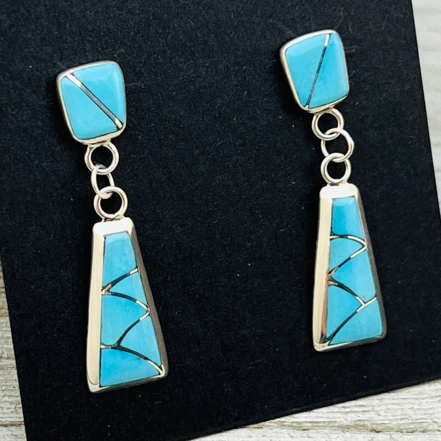 Modern Turquoise fish scale inlay Dangle earrings Stewart Tucson Zuni Sterling silver ER44