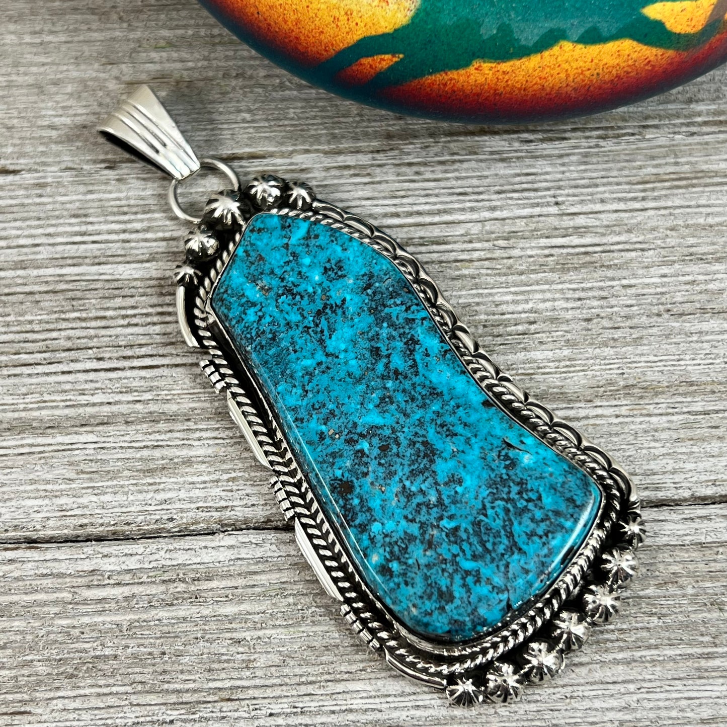 XL extra large, Blue Kingman turquoise pendant #5, Navajo handmade Rita Long, sterling silver, signed