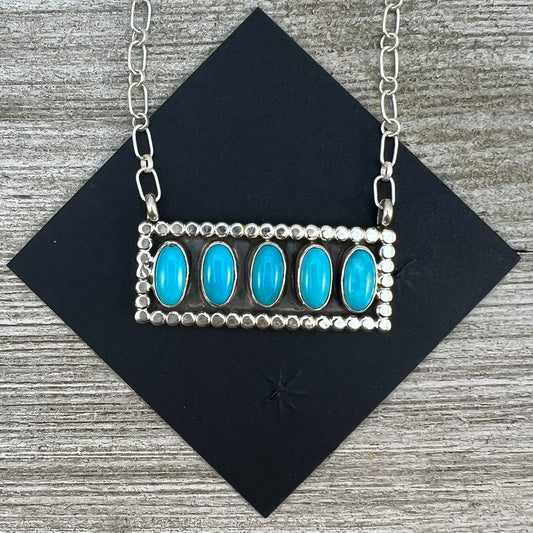 18" Blue Campitos turquoise rectangle bar necklace #5, Navajo handmade, sterling silver