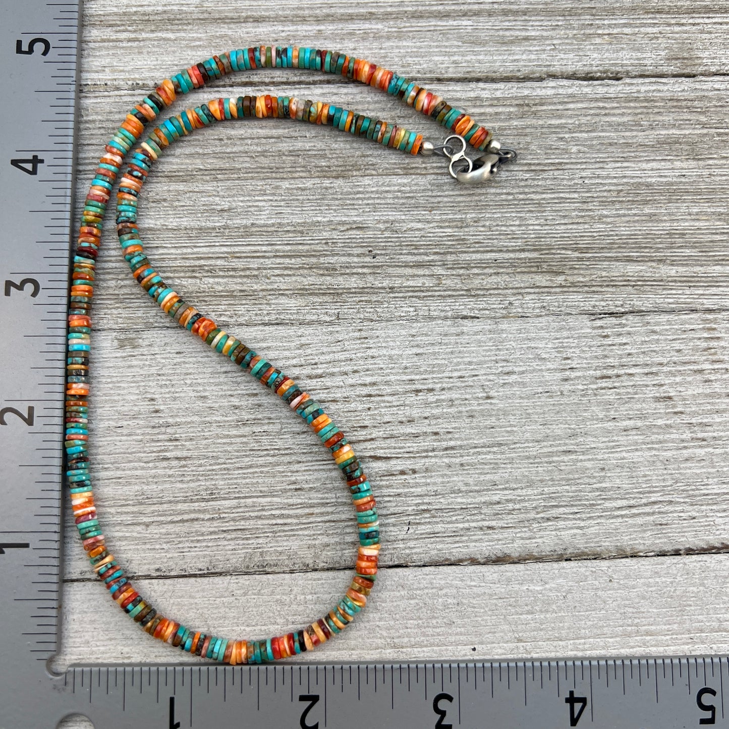 17", 4mm heishi necklace choker, turquoise red orange spiny oyster shell boho necklace