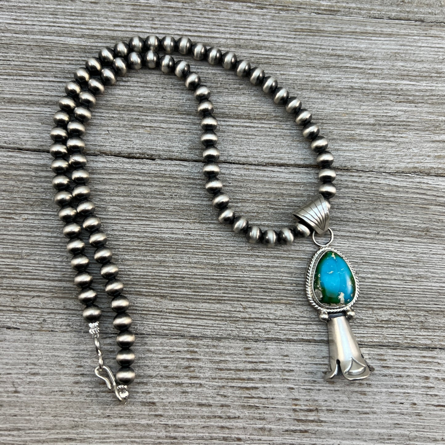 16" sterling silver Sonoran Gold Turquoise squash blossom necklace 5mm beads