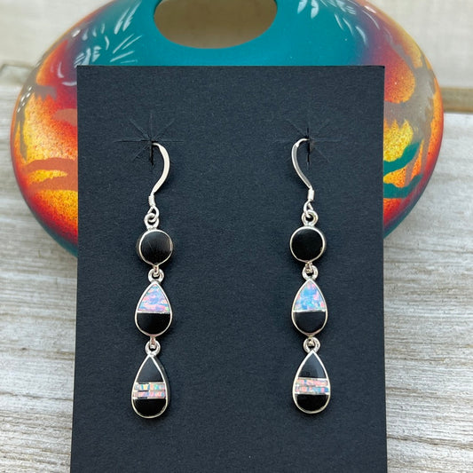 Elegant modern inlay dangle earrings Black Jet Opal Navajo handmade James Manygoats