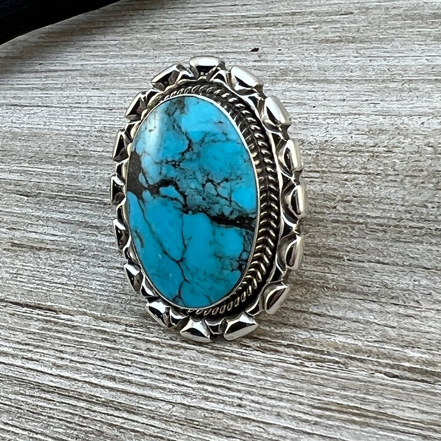Size 7 Large stone Blue Kingman turquoise statement ring Sterling silver Navajo handmade