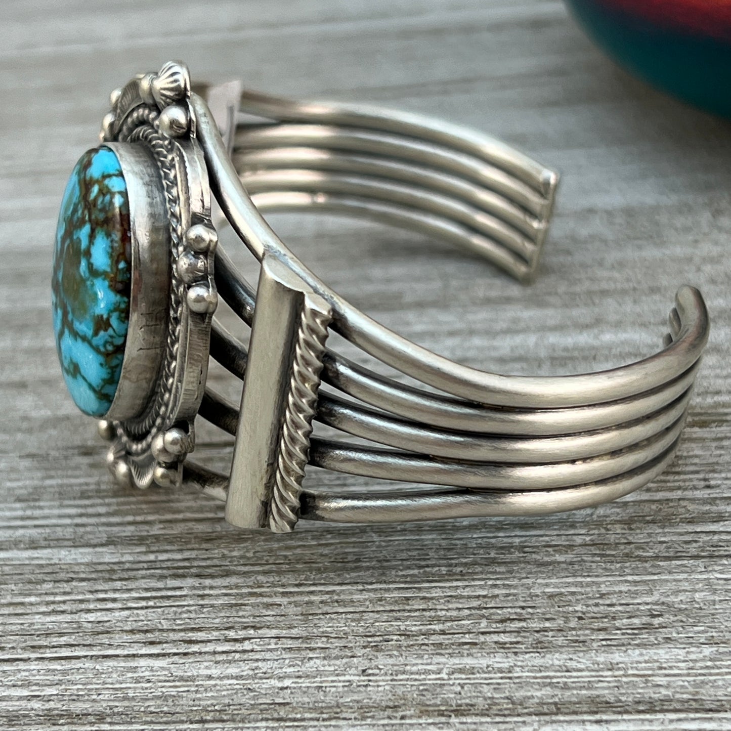 6 1/2" - 6 7/8", Kingman spiderweb turquoise, cuff bracelet #3, Navajo handmade signed, Tom Lewis sterling silver, statement