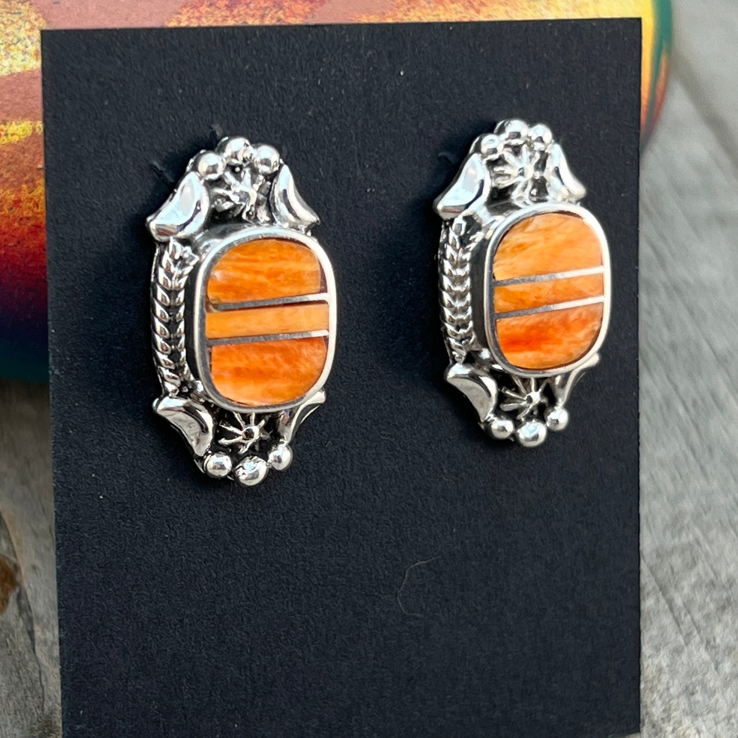 Modern Orange Spiney Shell Inlay Stud Earrings Sterling Silver James Manygoats Navajo 666