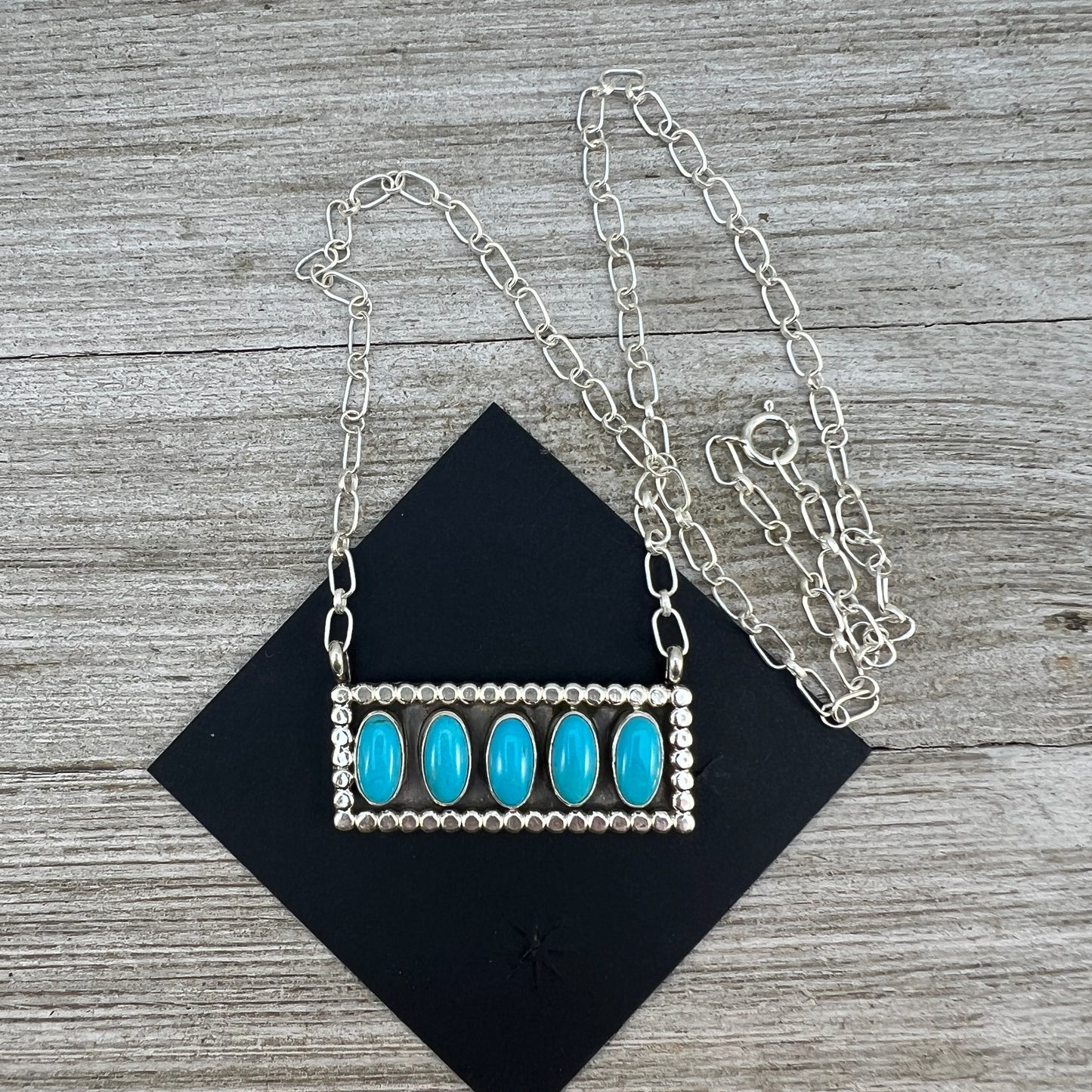 18" Blue Campitos turquoise rectangle bar necklace #4, Navajo handmade, sterling silver