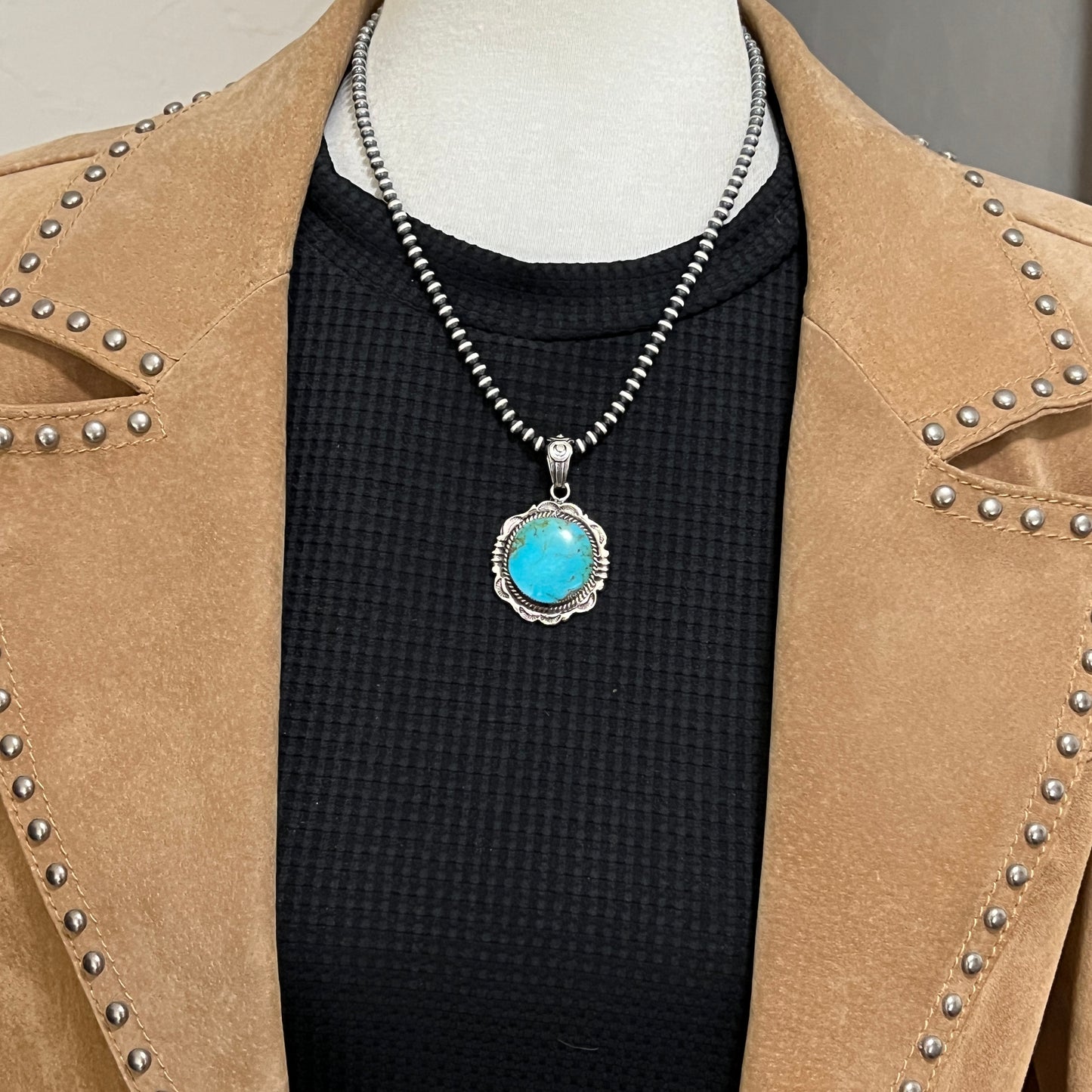 Kingman Turquoise Pendant Sterling silver Navajo handmade Jeremy Delgarito 554