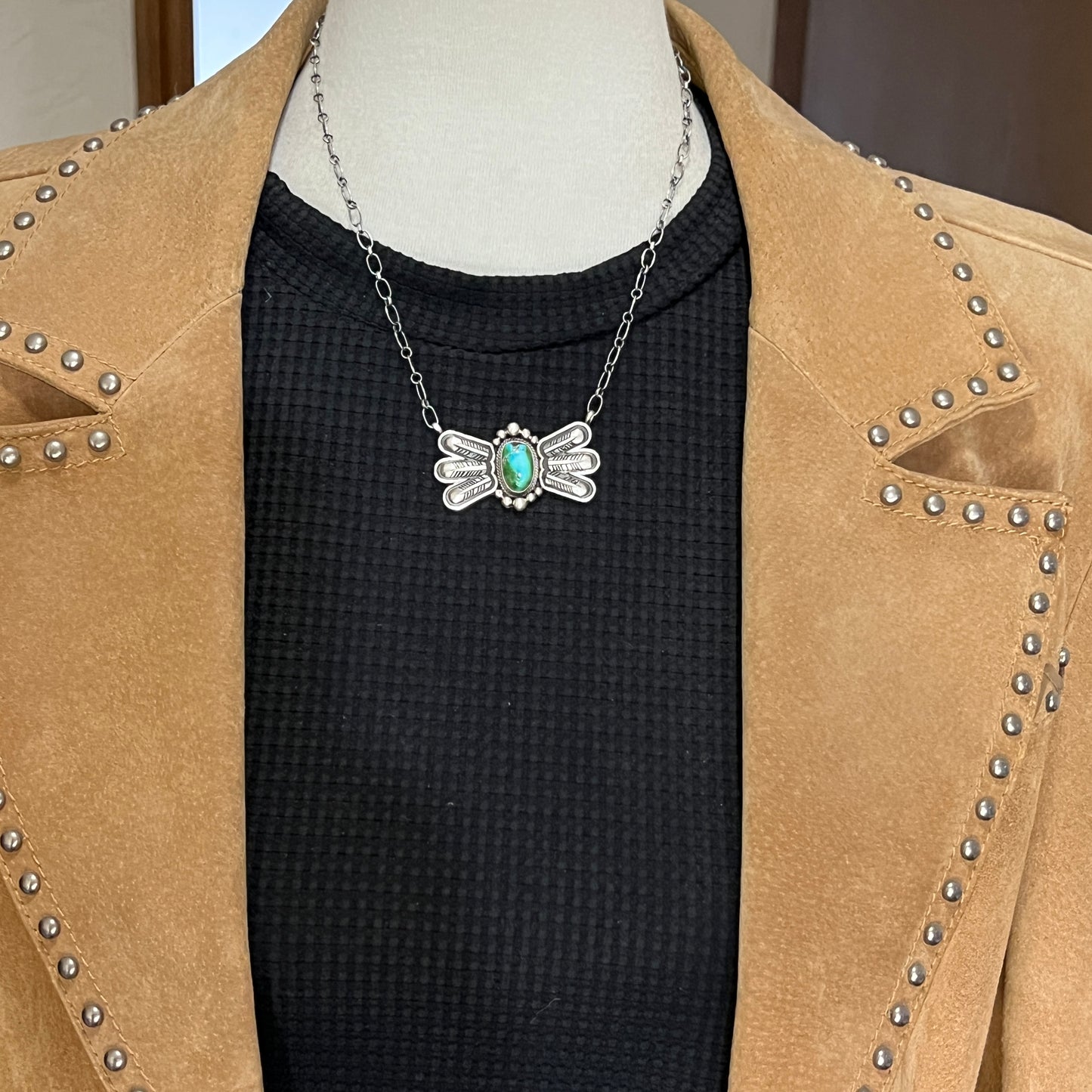 17 1/2"Sonoran Turquoise Necklace Feather sterling silver Navajo Verley Betone boho 11