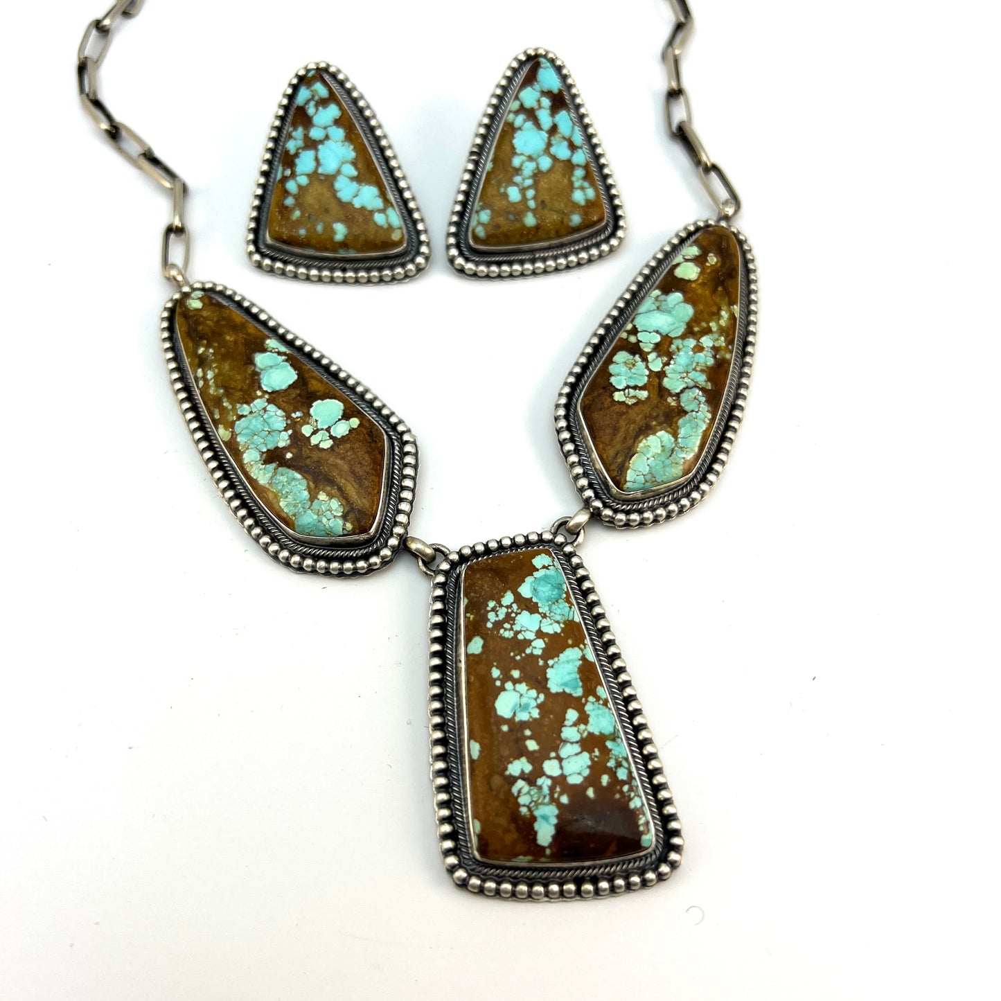 #8 Turquoise Station Necklace Earrings Set Sterling Silver Navajo Darrin Livingston 642