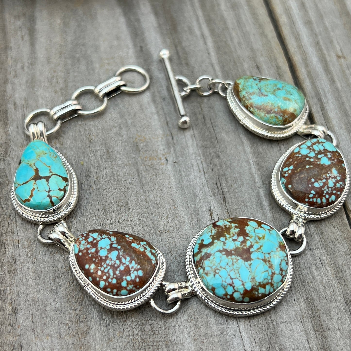 Link Bracelet #8 Turquoise, 7 5/8", 8 1/4", 8 7/8", adjustable length sterling silver Lyle Piaso
