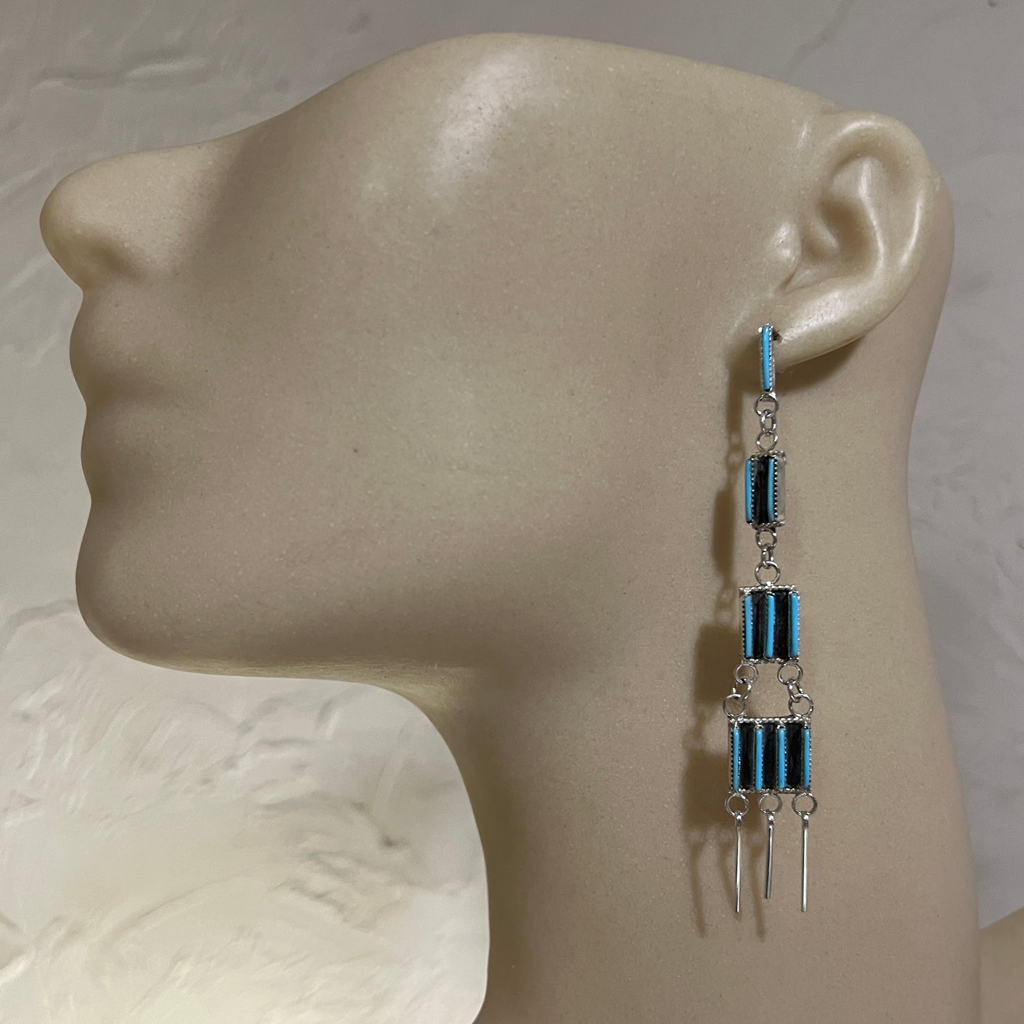 Zuni Needlepoint Turquoise Chandelier long Earrings, Sterling Silver, Ashley Laate