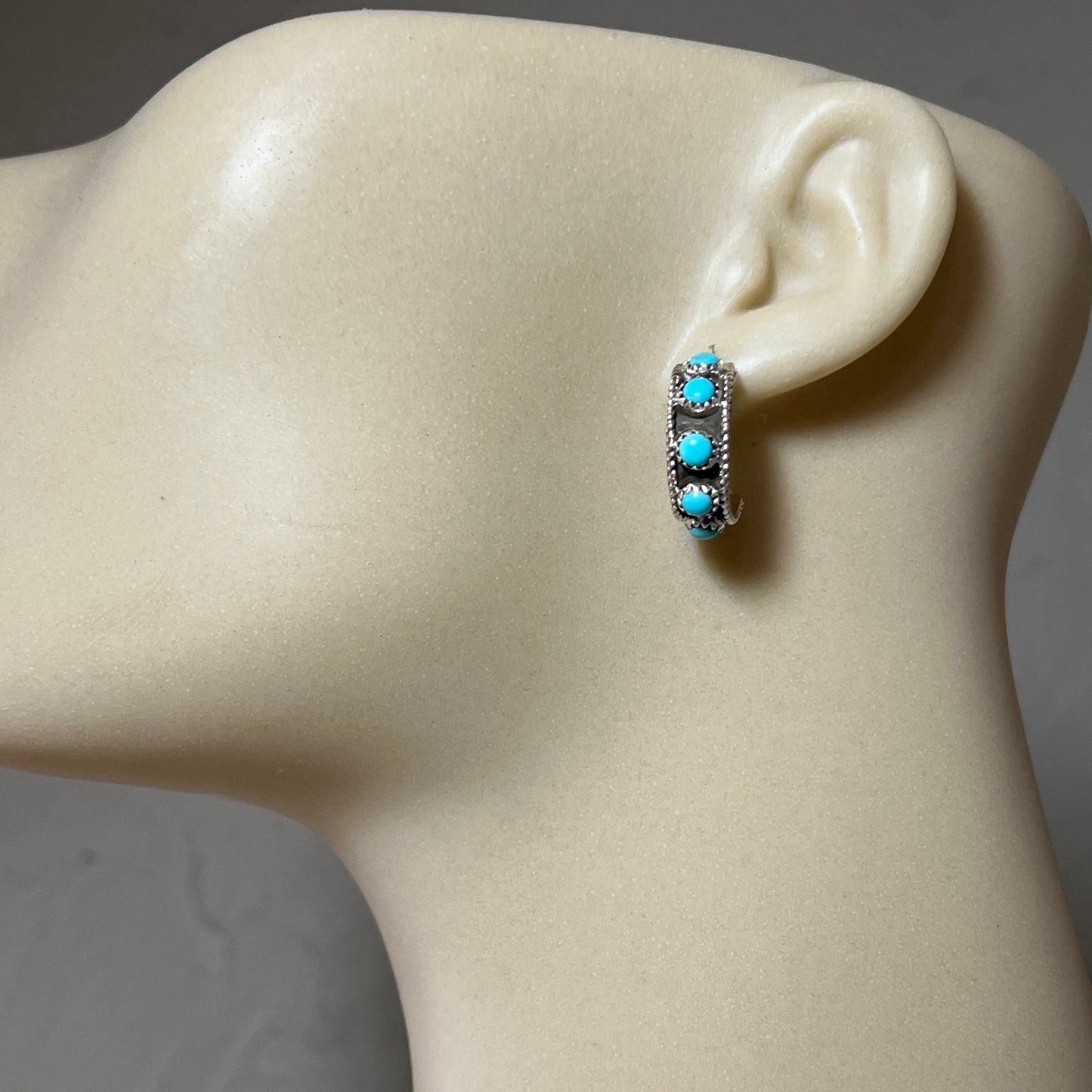 Turquoise snake eye dot 3/4" hoop earrings sterling silver Falencia Yazzie Navajo handmade