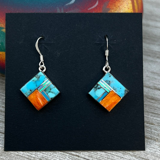 Inlay dangle earrings 1 Turquoise Spiny Oyster Navajo handmade James Manygoats