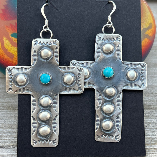 Navajo handmade large cross dangle earrings sterling silver turquoise Tim Yazzie 397