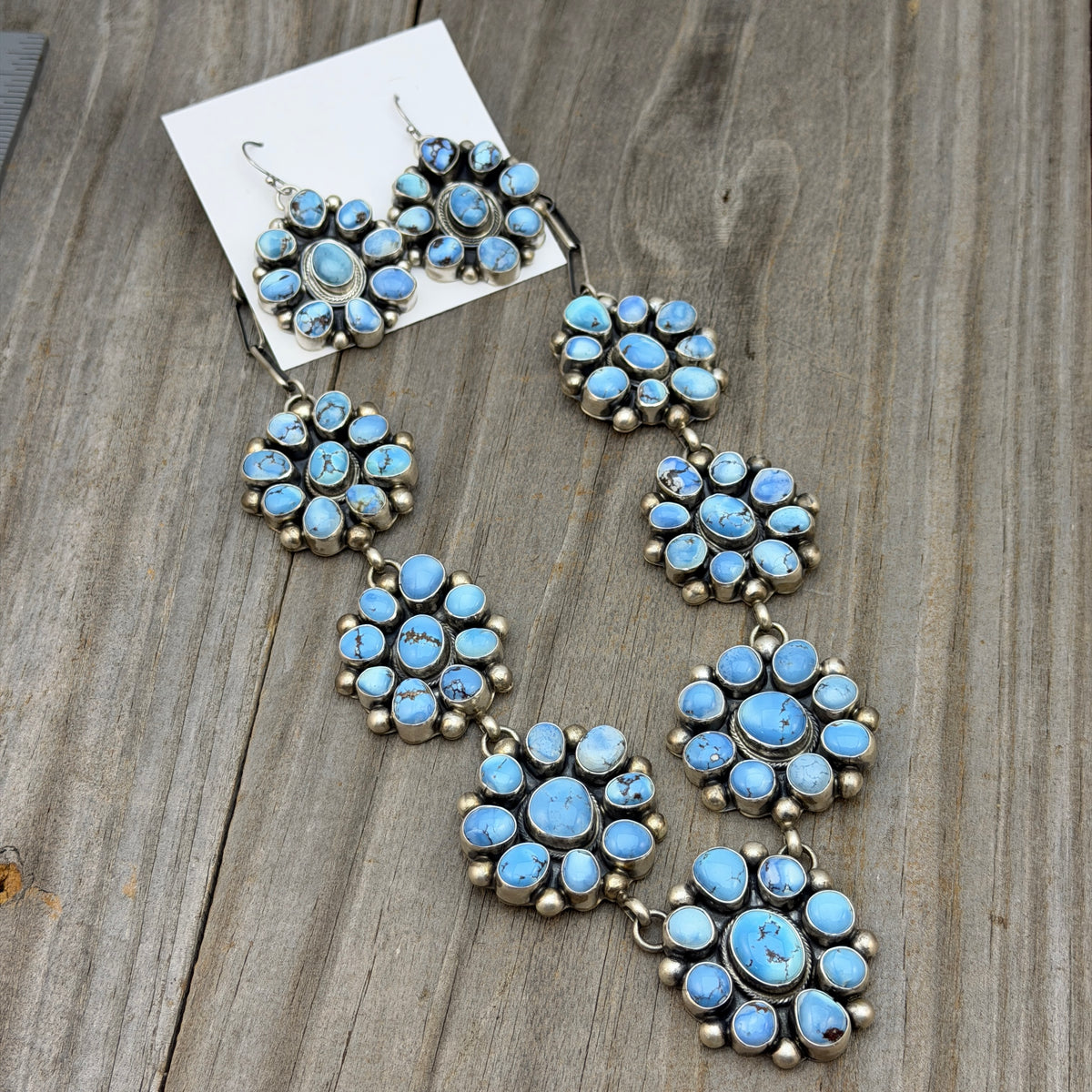Golden Hills Cluster necklace earrings set Sterling silver Kathleen Livingston Navajo