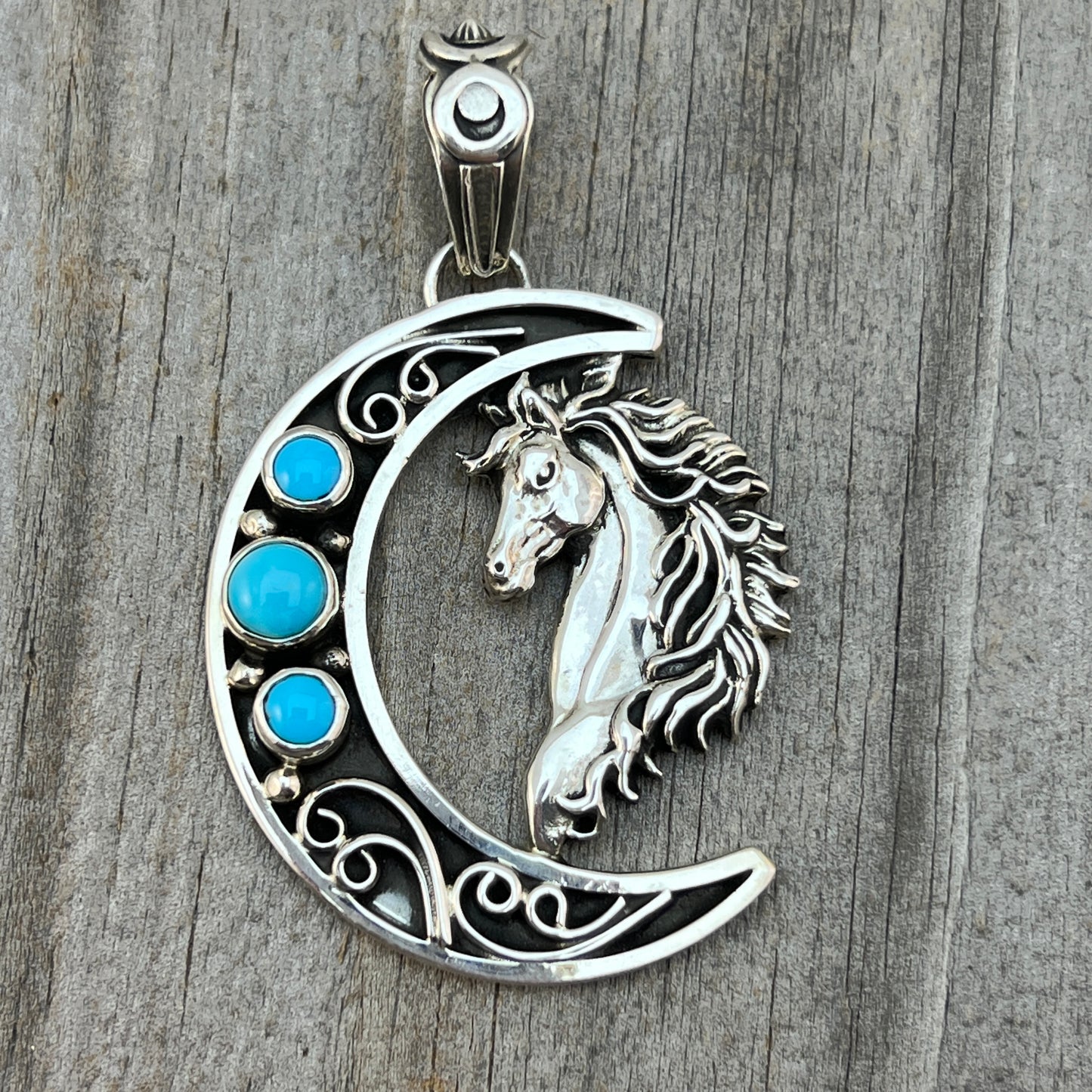 Blue turquoise horse moon pendant sterling silver Jennifer Cayaditto Navajo 818