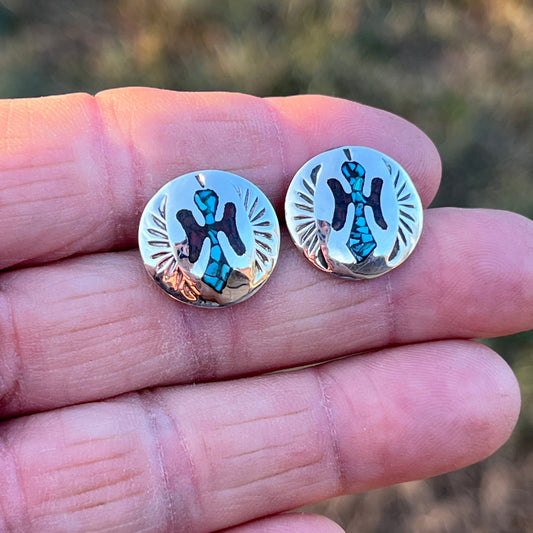 Turquoise Chip inlay Peyote bird small concho earrings Sterling silver Sally Shurley