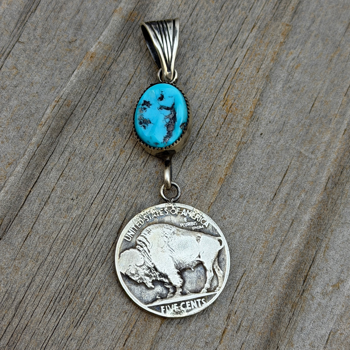 Buffalo nickel coin turquoise pendant Sharon McCarthy Navajo PD1