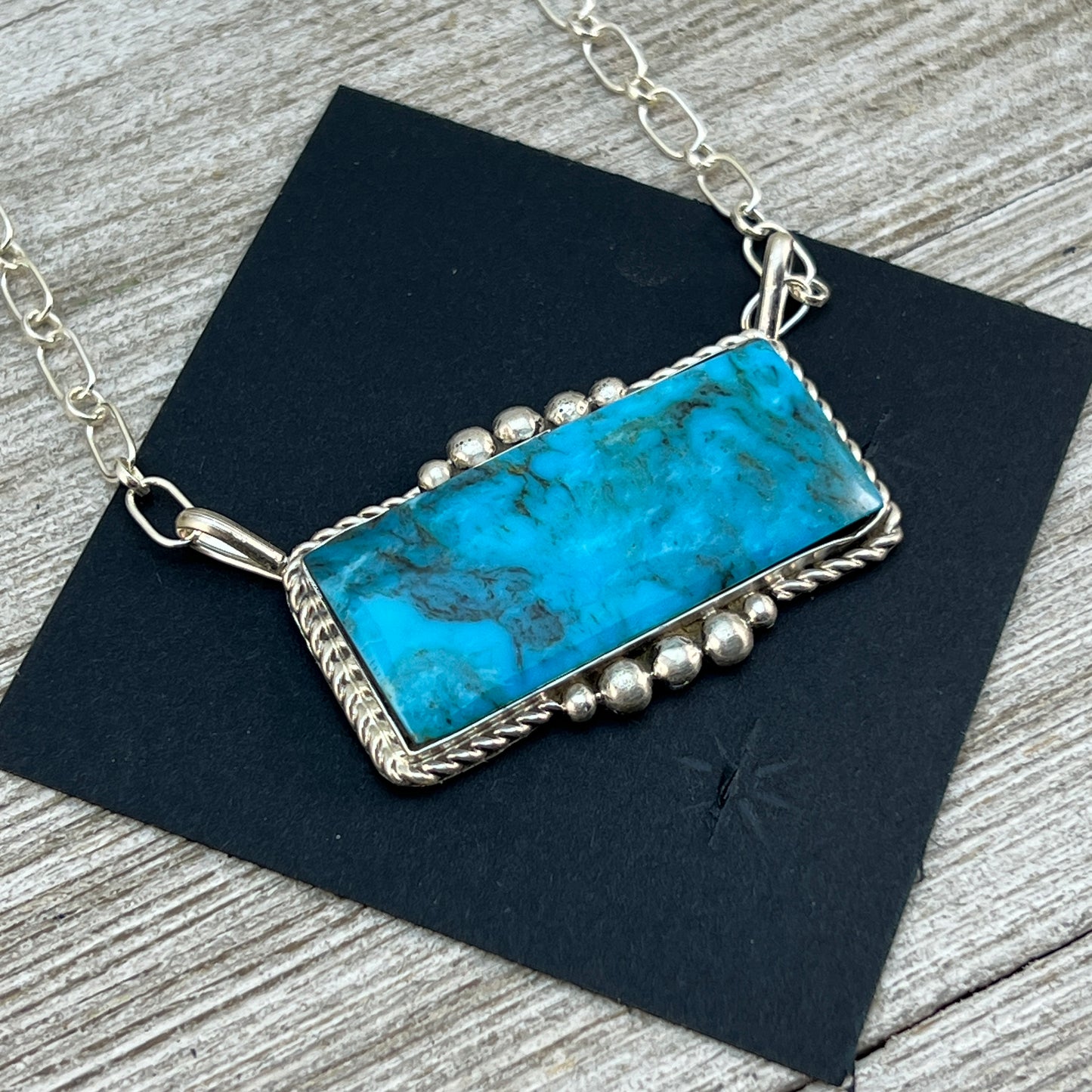 22" Blue Smokey Kingman turquoise rectangle bar necklace, #1 Navajo handmade Gilbert Smith, sterling silver