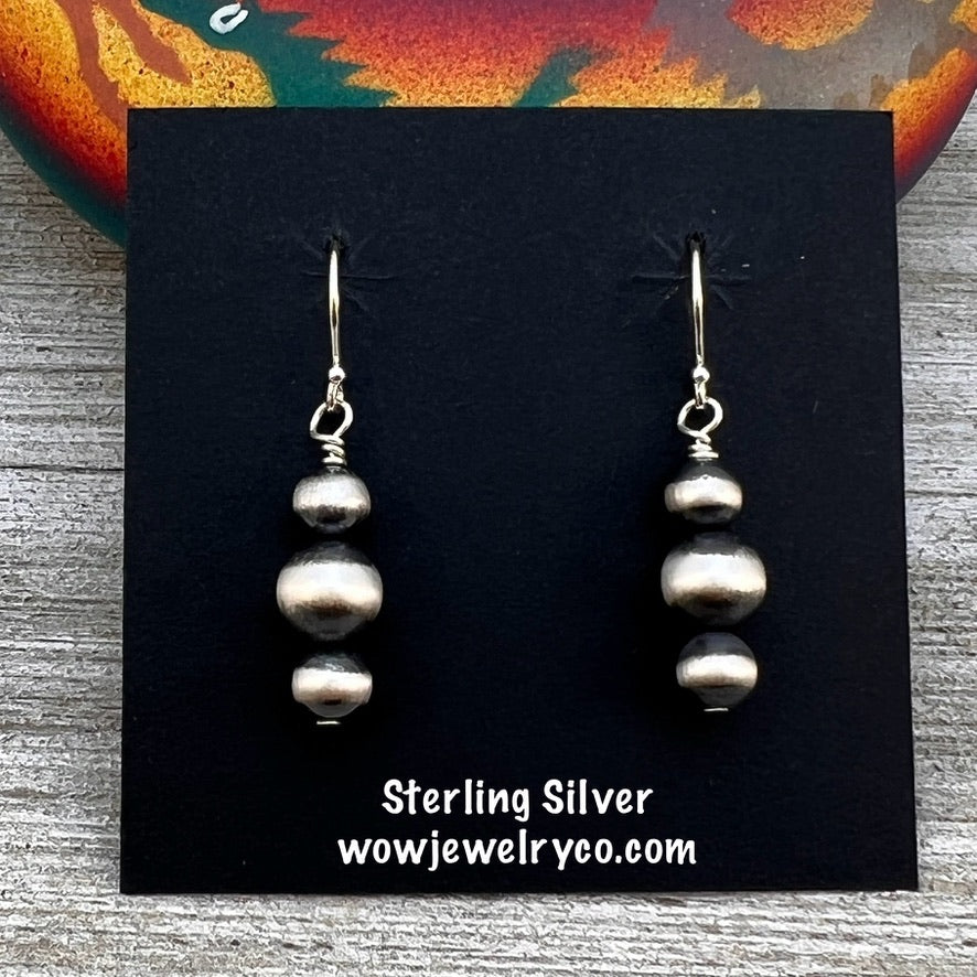 Graduated Sterling Silver Oxidized Pearl Earrings, Southwest Silver beads, Western 6mm 8mm