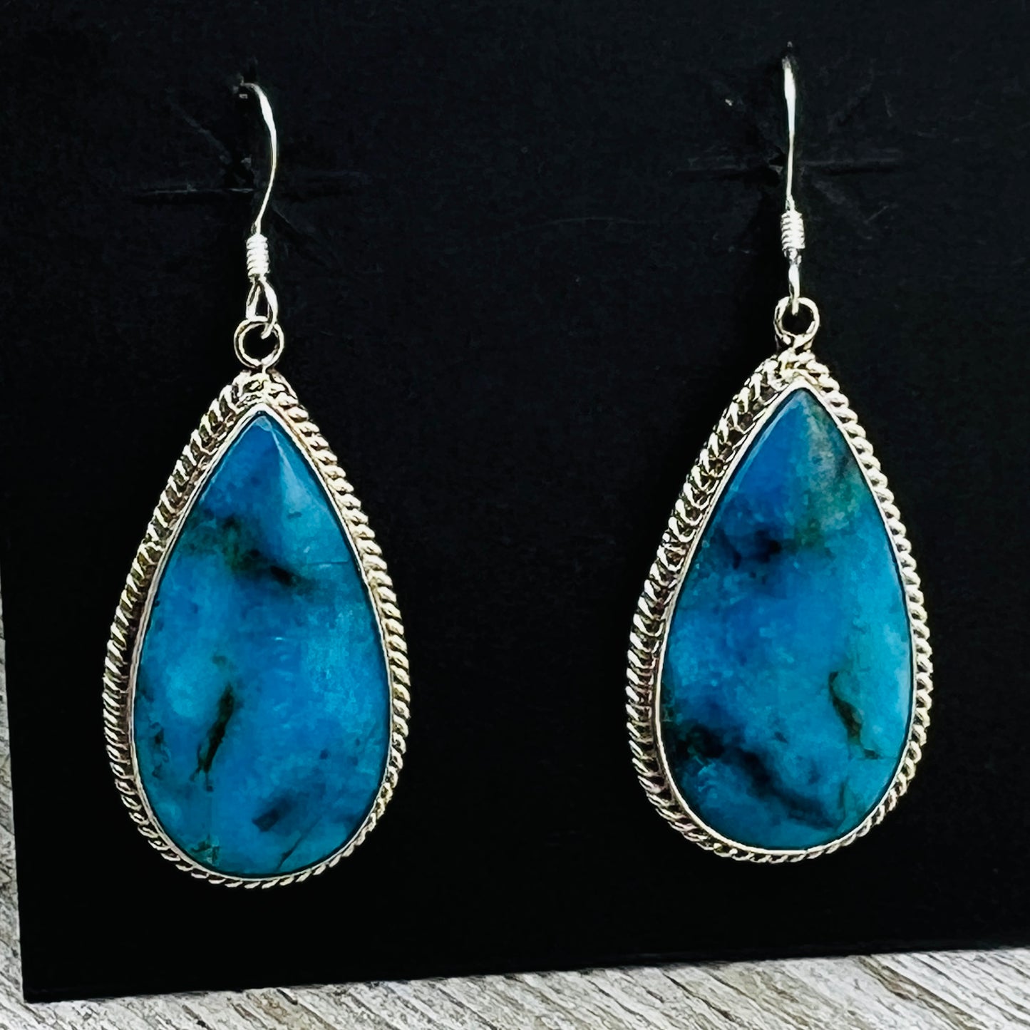 Blue turquoise teardrop earrings sterling silver Sharon McCarthy Navajo ER57