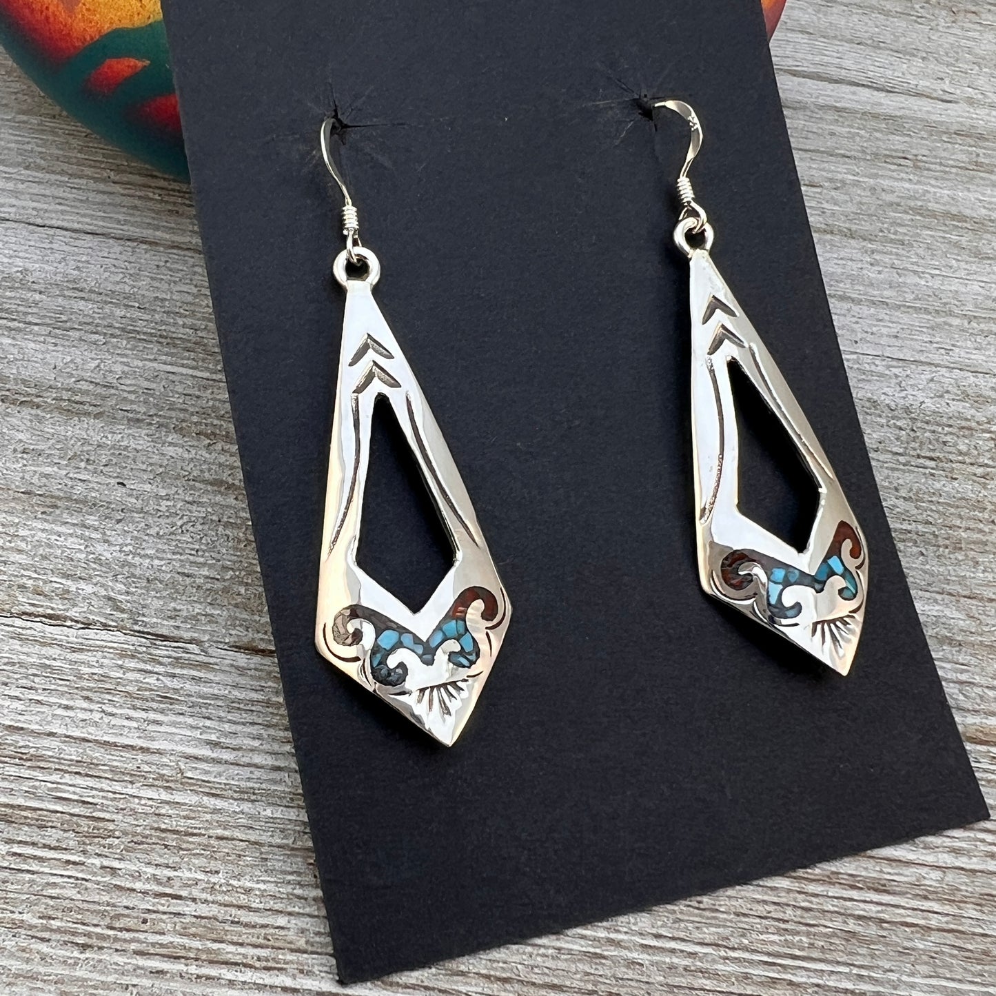 Dangle Turquoise coral chip inlay earrings, Navajo handmade Jolene Yazzie