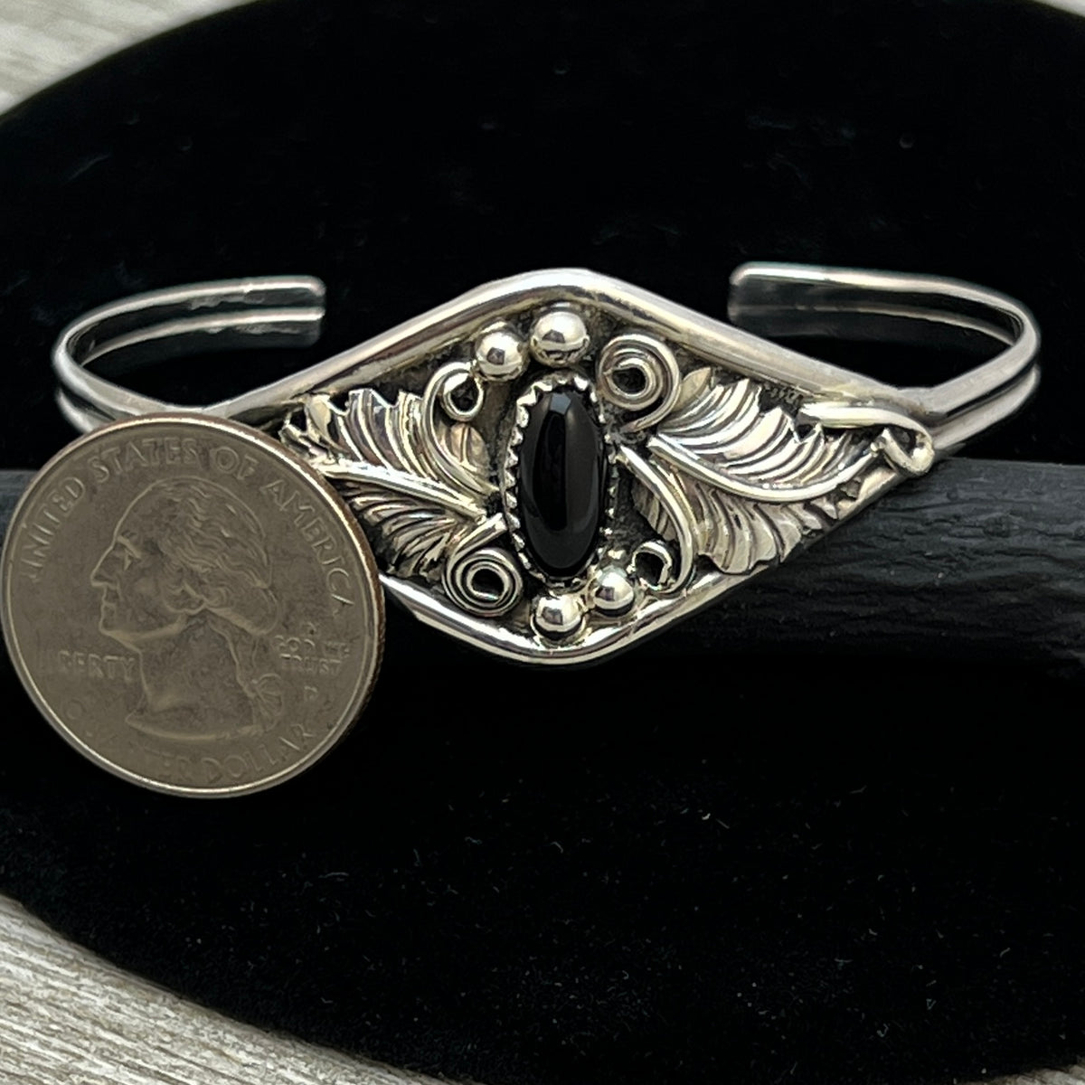 6 1/2" Stamped Navajo sterling silver Black Onyx cuff bracelet Harry Yazzie BR64