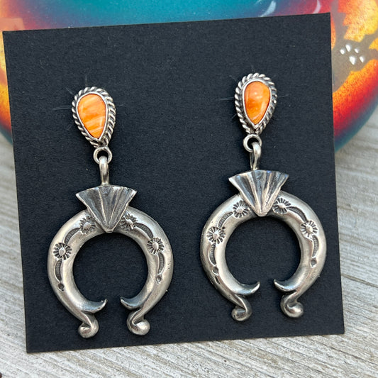 Orange Spiny Oyster Shell dangle Naja earrings sterling silver Navajo Adrienne Gordon 8