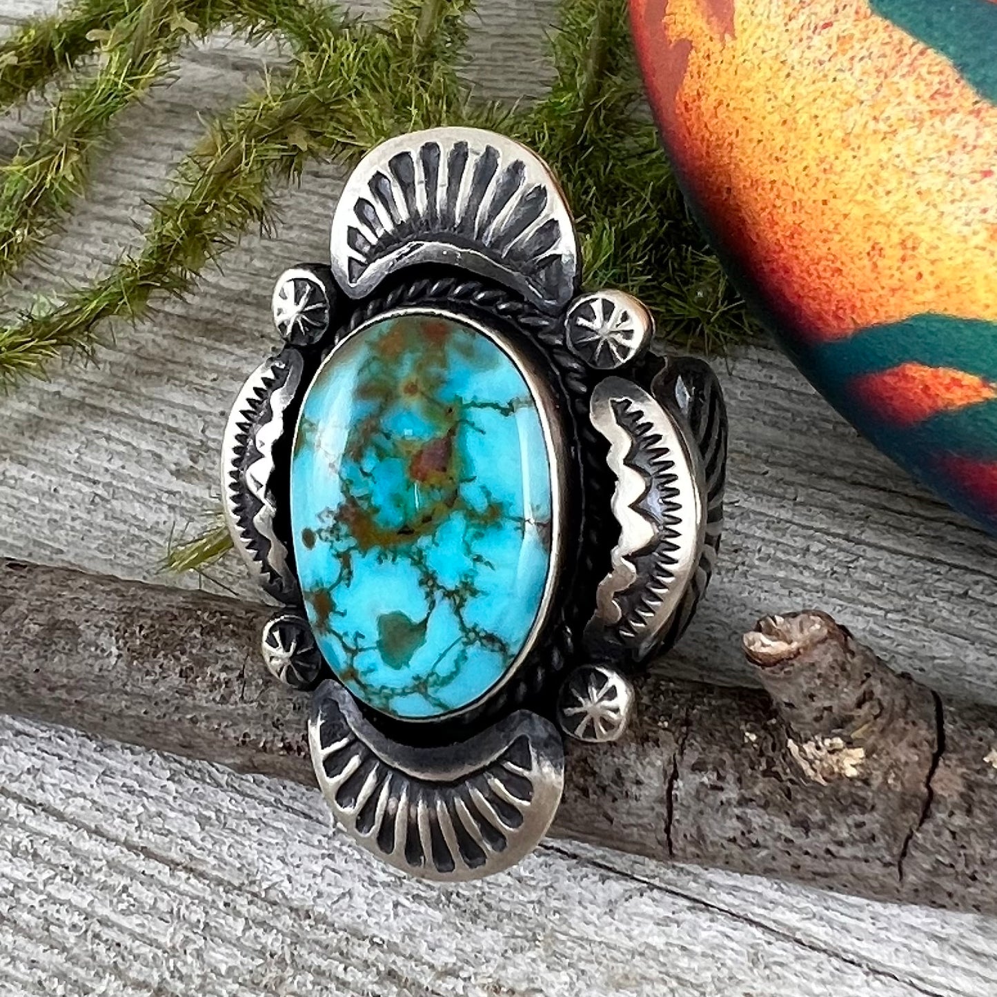 Size 8 / A  Beautiful High Grade, Blue, Kingman spiderweb Turquoise ring, Heavy handmade by Navajo artist, Gilbert Tom, signed,