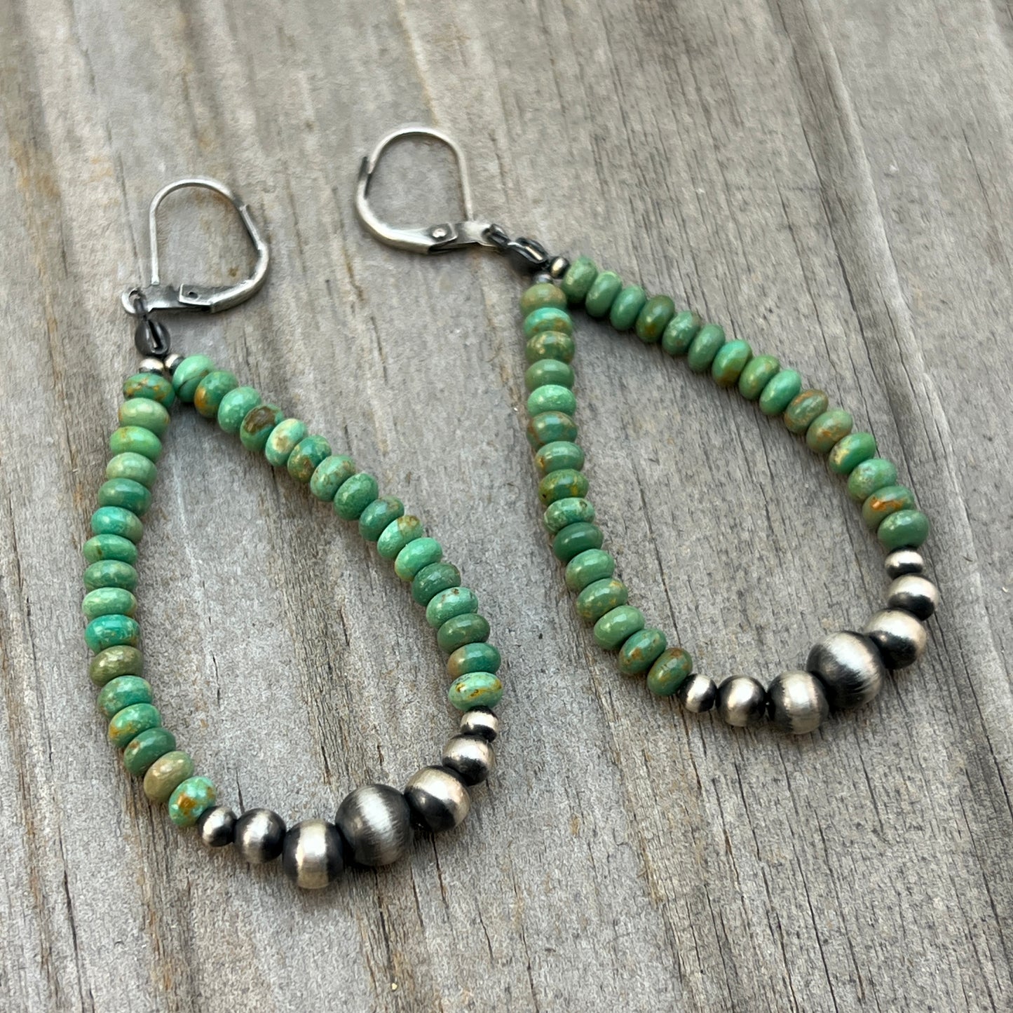 Green Turquoise hoop earrings Sterling silver Western pearls  802