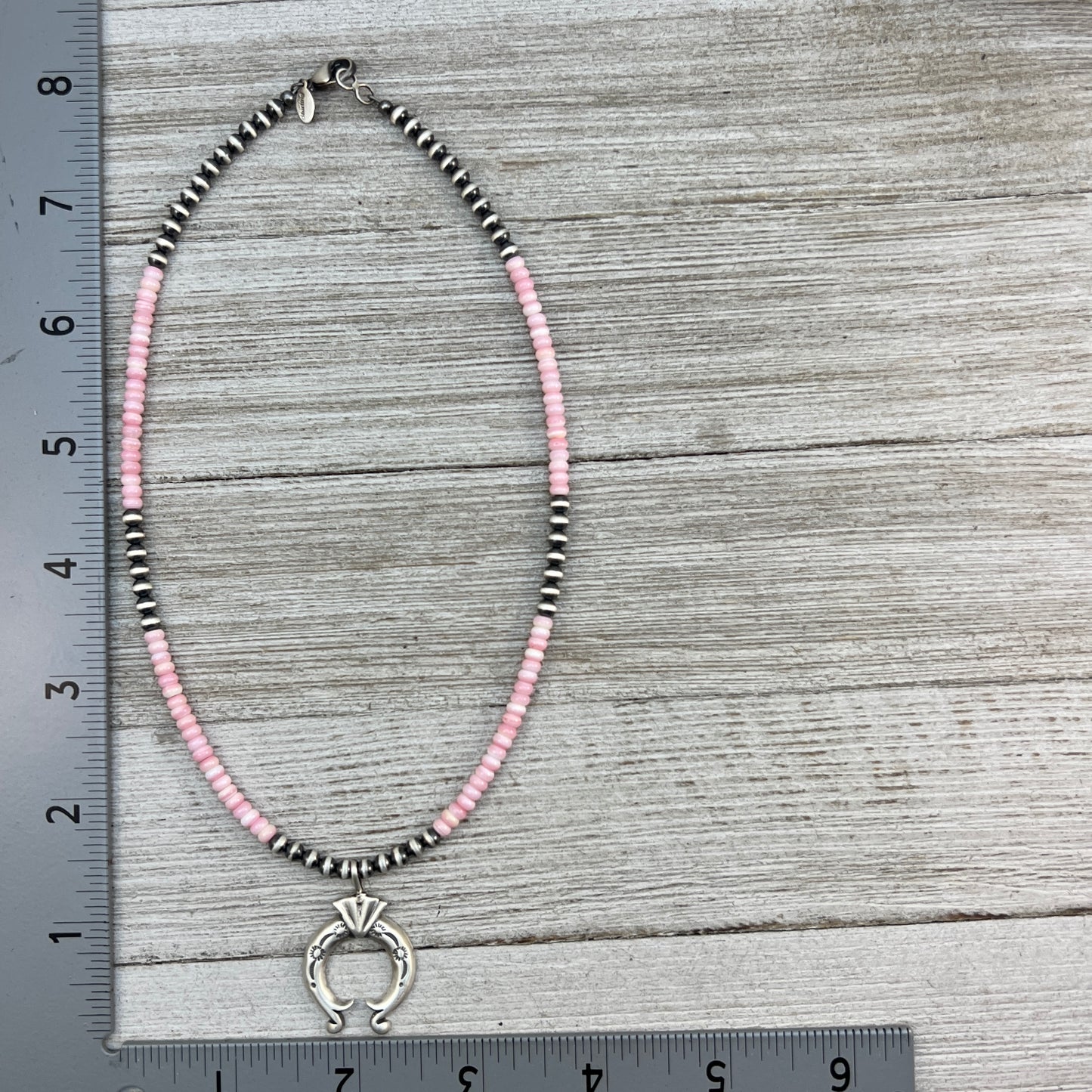16”, 4mm Pink Conch Shell beads Naja pendant necklace sterling silver Southwest Pearls