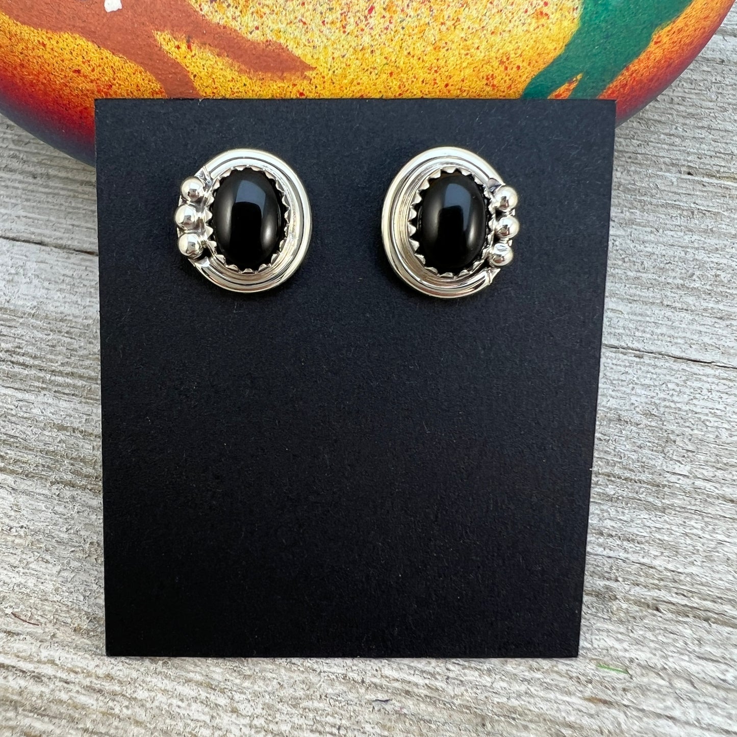 Small Black Onyx Stud post Earrings, navajo handmade,  Rita Largo