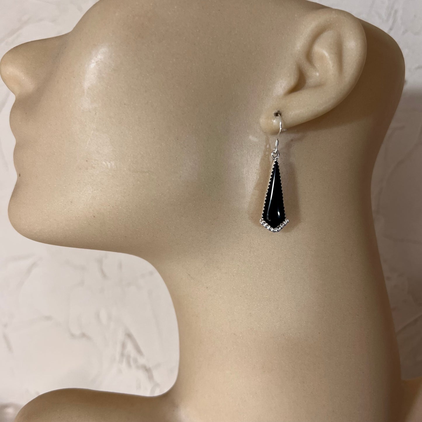 Black onyx sterling silver drop earrings, small dangle, dressy modern style, Navajo handmade Verley Betone signed