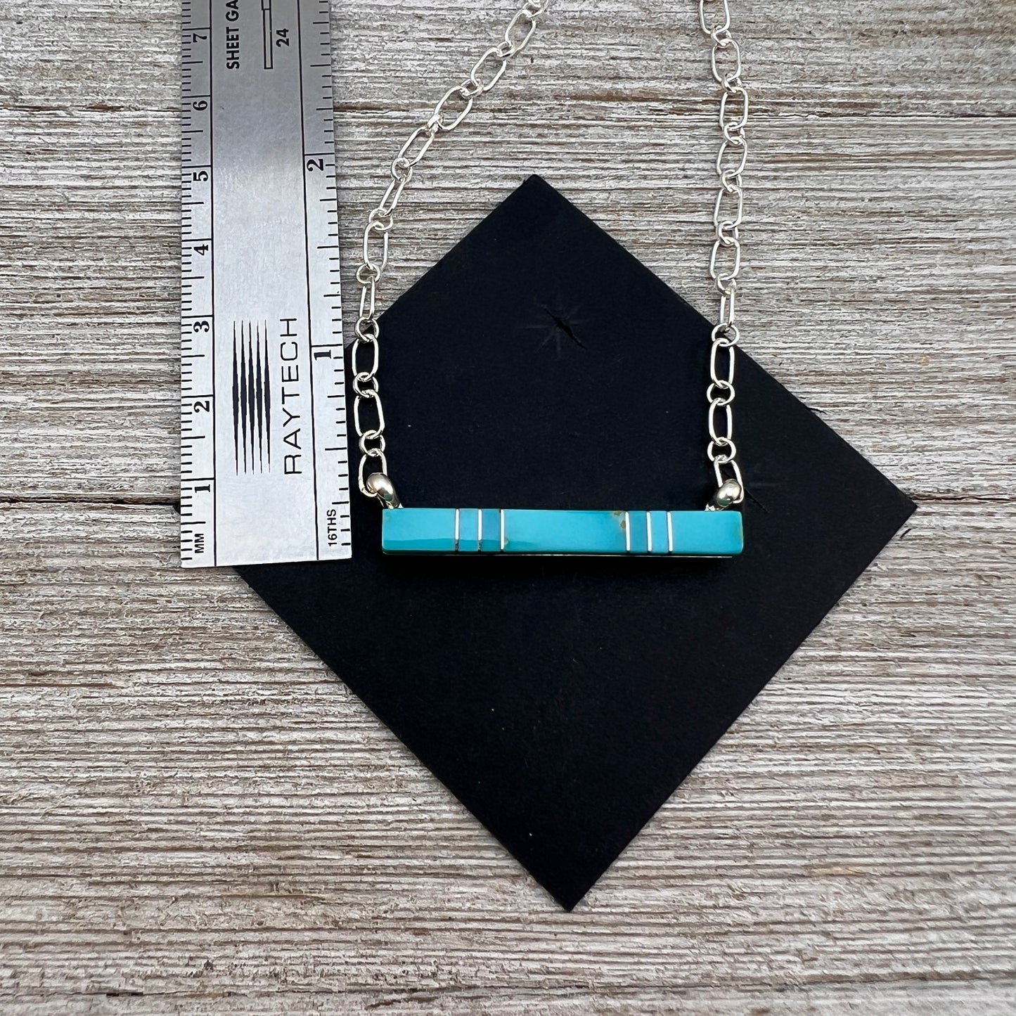 Blue Kingman Turquoise Bar Necklace 3, Zuni MaDerral Kallestewa sterling silver 18 1/2"