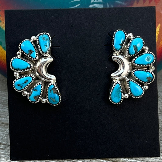 Blue Turquoise half cluster stud Earrings sterling silver Navajo handmade Justina Wilson 1
