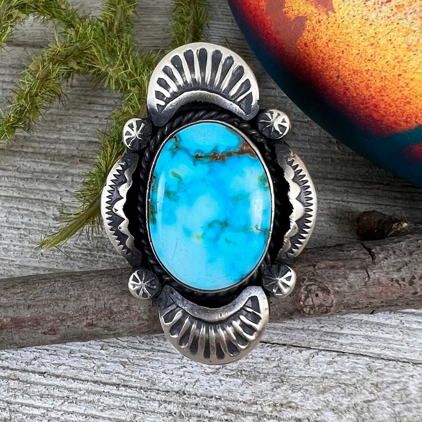 Size 7.25 Beautiful High Grade, Blue, Kingman spiderweb Turquoise ring, Heavy handmade by Navajo artist, Gilbert Tom, signed,