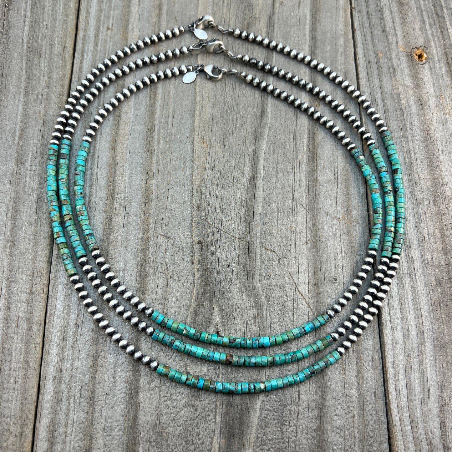 Real 925 sterling silver, 4mm Genuine Turquoise Heishi Necklace Oxidized Rustic Western Pearl Jewelry
