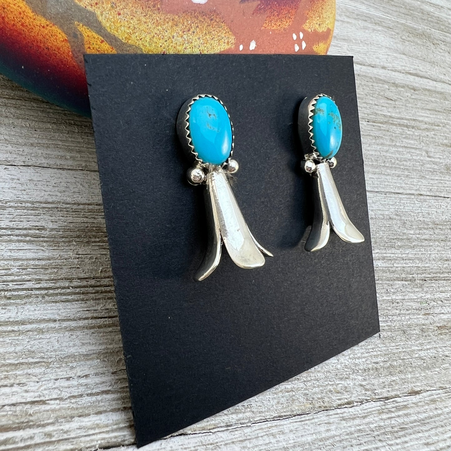 Squash Blossom Turquoise Earrings #8, Sterling silver, Kingman Turquoise, Navajo handmade by Jameson Garcia